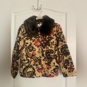 Vintage Floral Patterned Jacket with Removable Faux Fur Collar